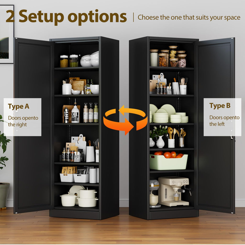 67" Tall Metal Pantry Cabinet, Narrow Freestanding Storage Cabinet, Black