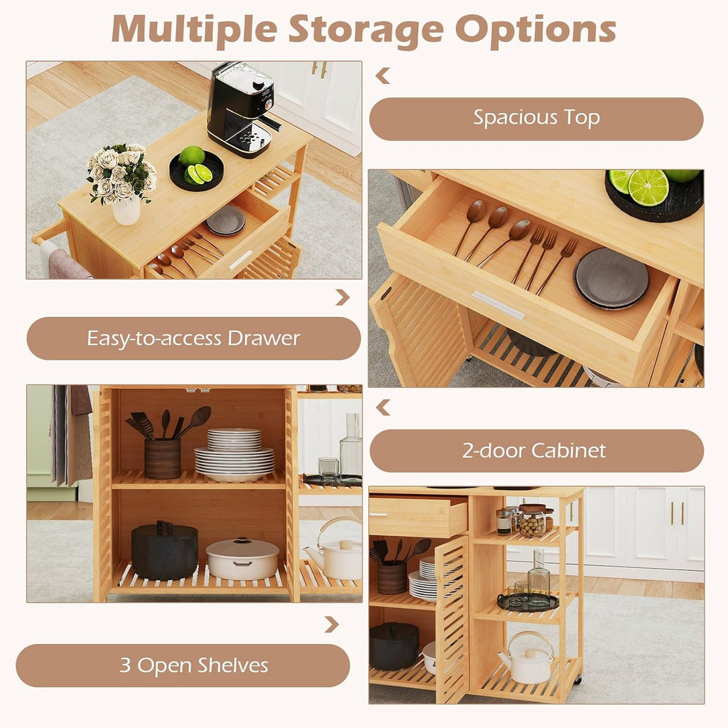 Moccha Rolling Kitchen Island Cart - Bamboo Kitchen Carts on Wheels with storage Cabinet, Large Drawer, 3-tier Open Shelf, Towel Rack, Sideboard, Mobile Kitchen Table for Dining Room Living Room Bar