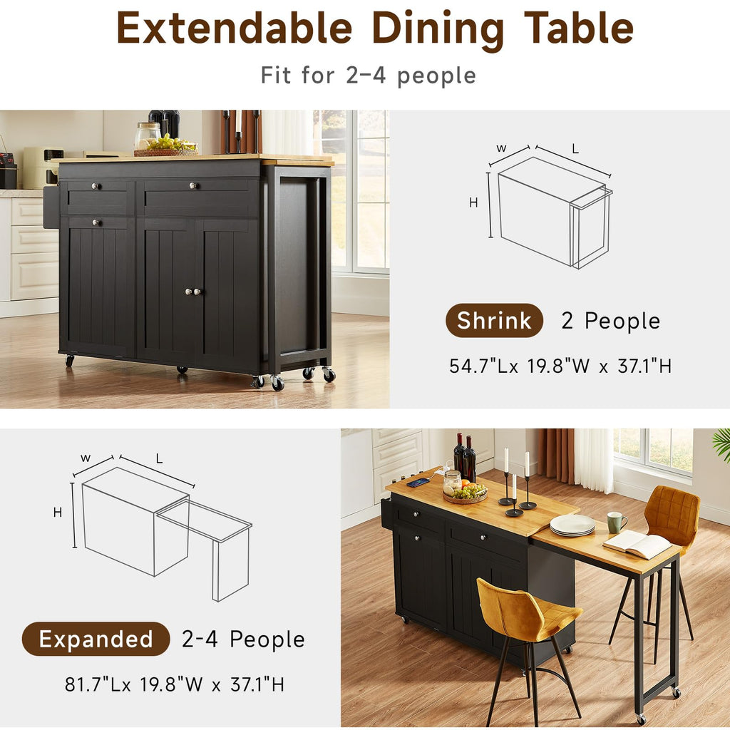Kitchen Islands with Extendable Dining Table, Mobile Storage Islands, White