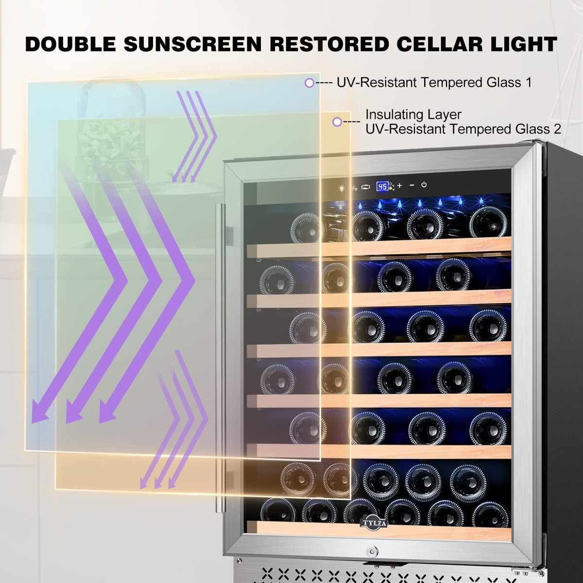 Tylza Wine Fridge 15'', 30 Bottles Wine Cooler Refrigerator, Undercounter or Freestanding, Removable Shelves, 40-65Â°F, Wine Cabinet with Double Glass Door, Wine Cooler for Home, Kitchen, Bar