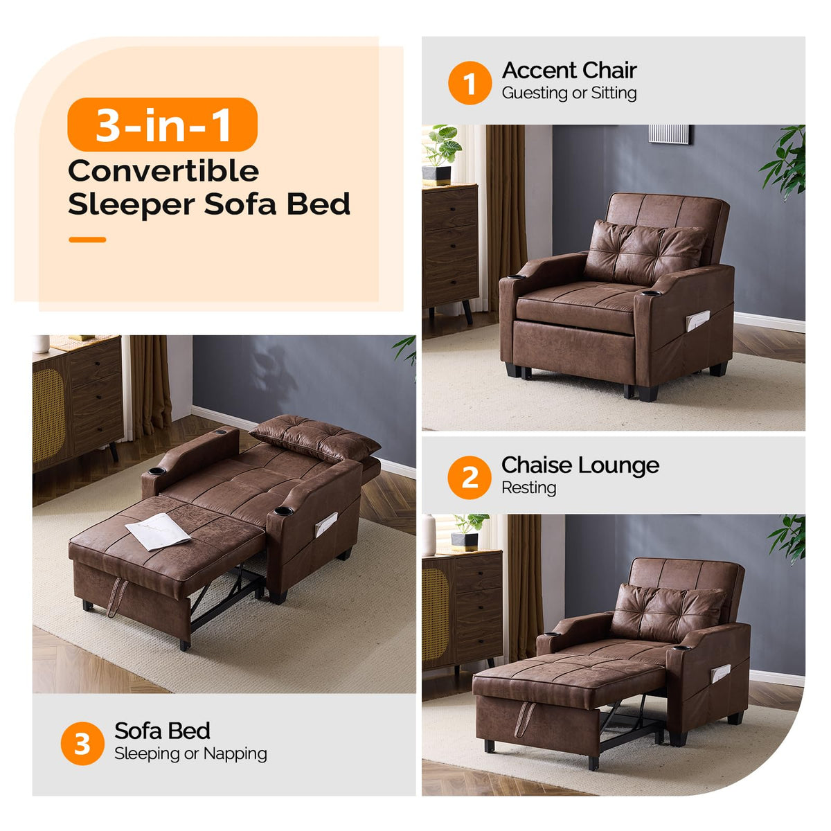 VINGLI Convertible Sleeper Chair Bed, Pull Out Sofa Couch for Living Room