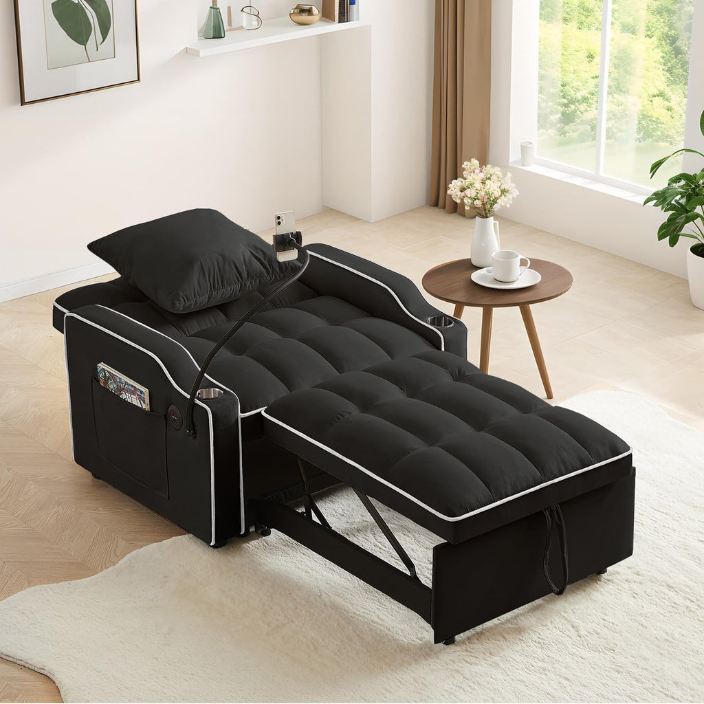 Convertible Single Sleeper Chair Bed,3 in 1 Velvet Futon Sleeper Sofa Bed with Phone Holder&USB Ports,Pull Out Couch Bed,Adjustable Recliner Armchair bed for Living Room,Office,Small Places(Grey)