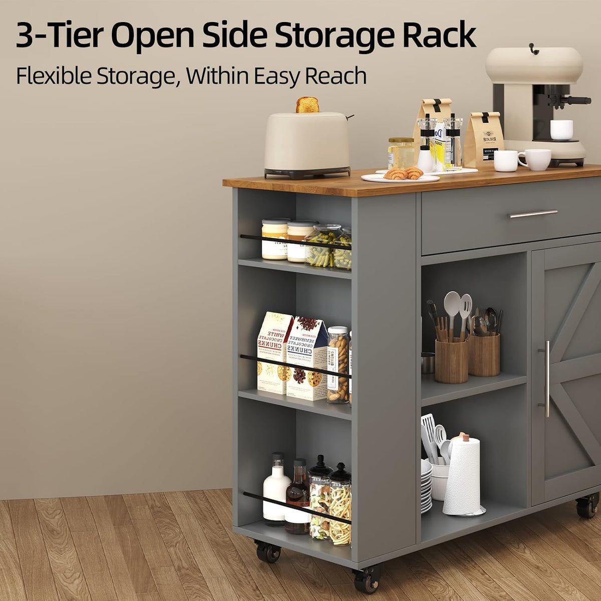 39'' Kitchen Island with Storage, Rolling Kitchen Island on Wheels, Grey