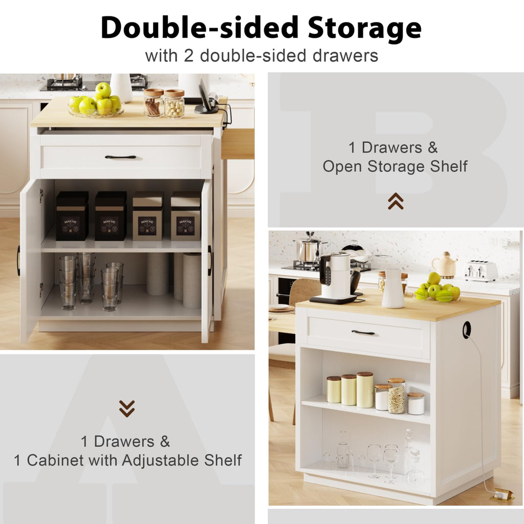 Large Kitchen Island with Extended Dining Table and Power Outlet, Rolling Kitchen Storage Cart with 3 Drawers, Kitchen Island on Wheels with Spice Rack and 2 Door Cabinet, Black