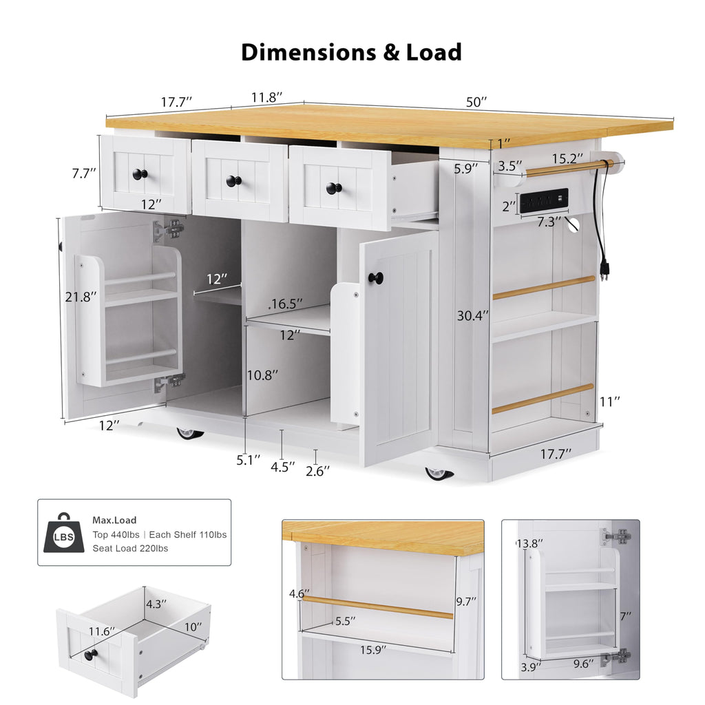 53" Large Kitchen Island with Drop Leaf & Power Outlet, Rolling Kitchen Cart on 5 Wheels with Internal Door Storage Rack, 5 Open Side Racks, 3 Drawers, 2 Doors for Kitchen Dining Room