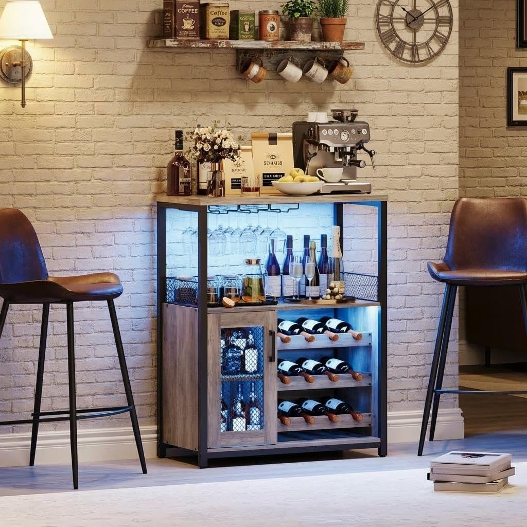 Jojoka 3 Tier Wine Bar Cabinet with LED Lights, Adjustable Storage, Liquor Rack, Glass Holder, Mesh Door, Multi Functional Coffee Bar Sideboard Buffet for Home, Dining Room