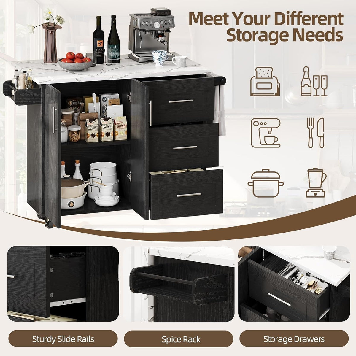 43" Kitchen Island on Wheels, Rolling Kitchen Island with Drop Leaf, Black