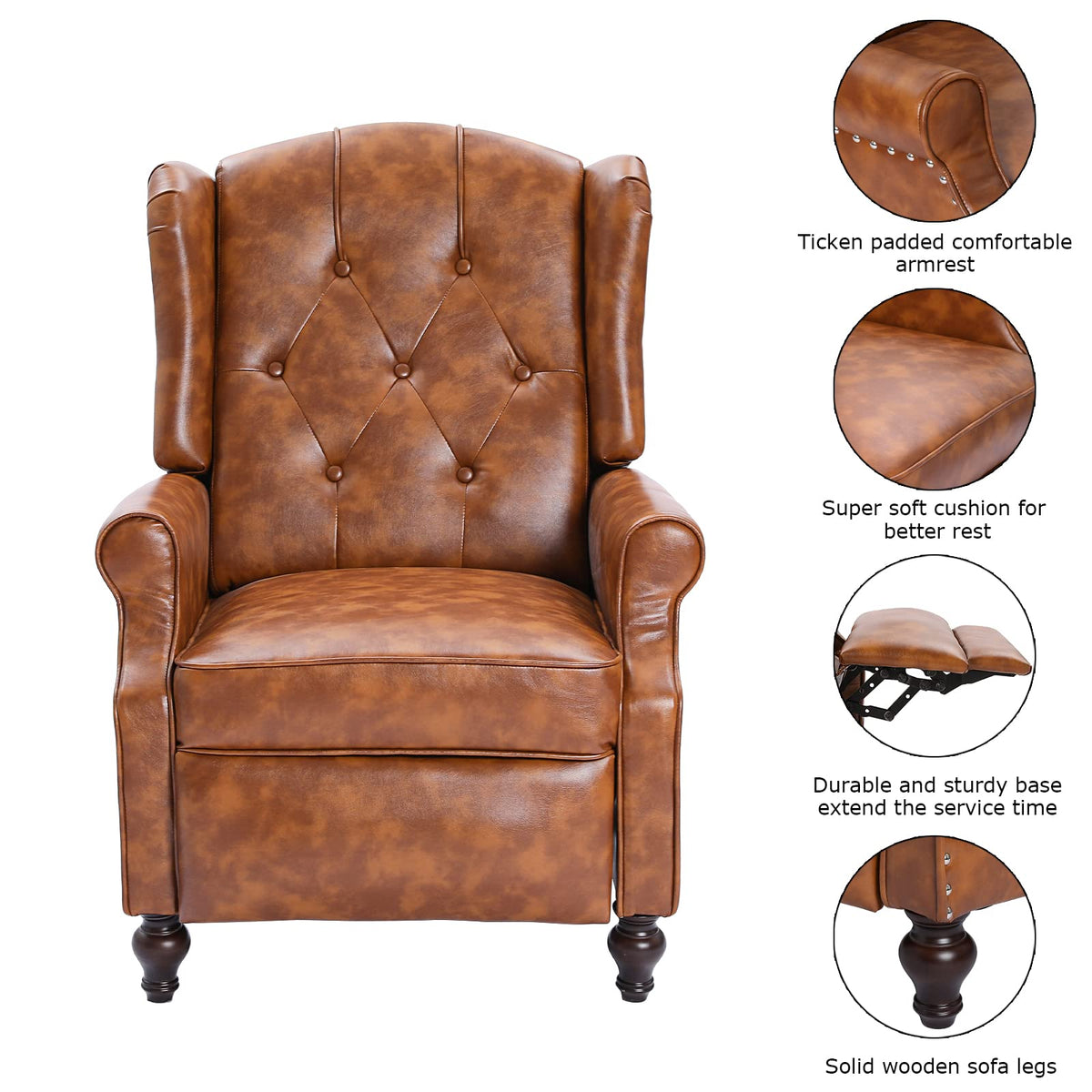 Wingback Recliner Chair - Tufted Arm Chair Recliner - Fabric Push Back Single Sofa for Living Room Adjustable Backrest (Blue Floral)