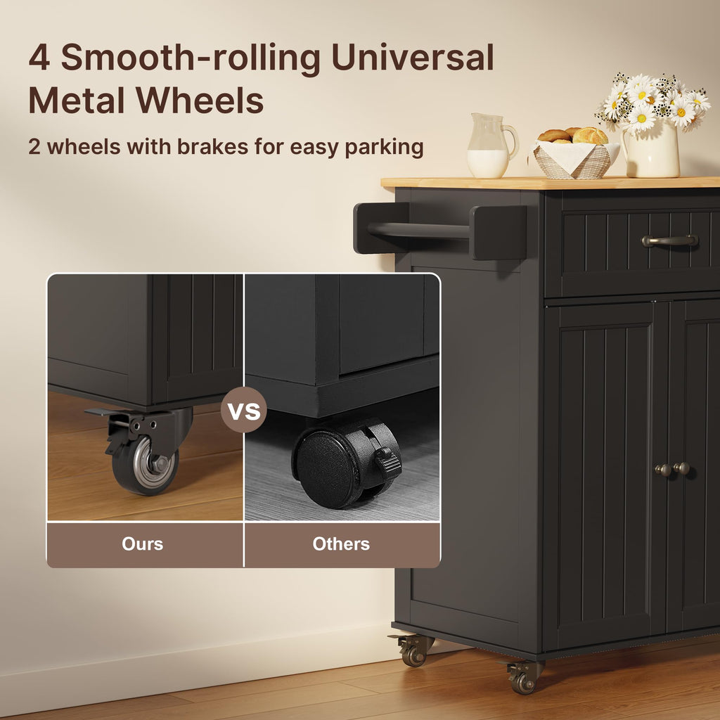 Gizoon Kitchen Island Cart with Adjustable Shelf, White, Tabletop-Oak Color