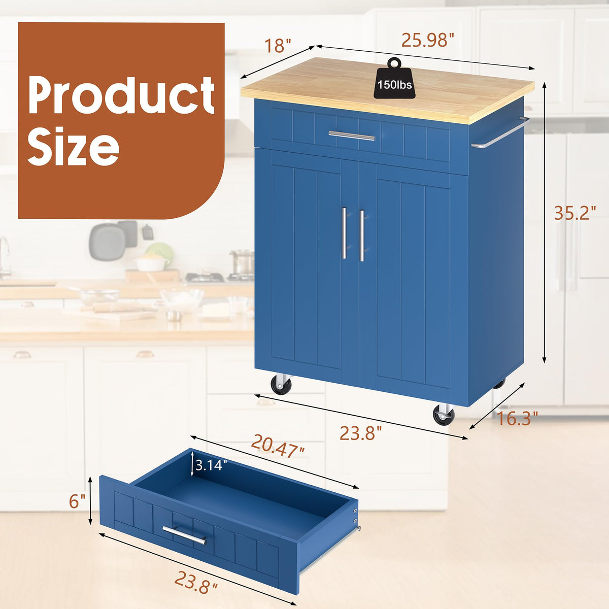 SUNLEI Kitchen Island Cart on Wheels with Storage Cabinet & Drawer, 26" Width Rolling Kitchen Table, Cart Handle for Towel Rack or Free Mobility, Kitchen Cart, Dining Room(Black)