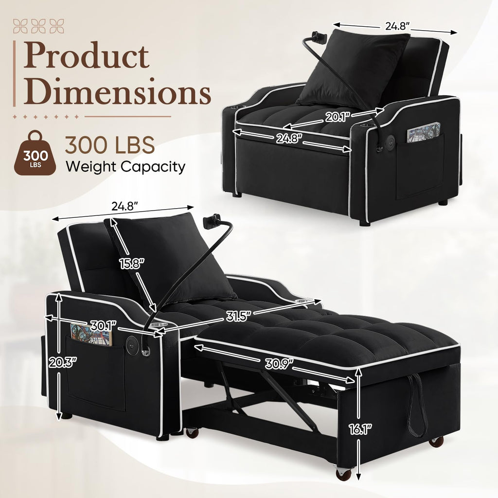 Convertible Single Sleeper Chair Bed,3 in 1 Velvet Futon Sleeper Sofa Bed with Phone Holder&USB Ports,Pull Out Couch Bed,Adjustable Recliner Armchair bed for Living Room,Office,Small Places(Grey)