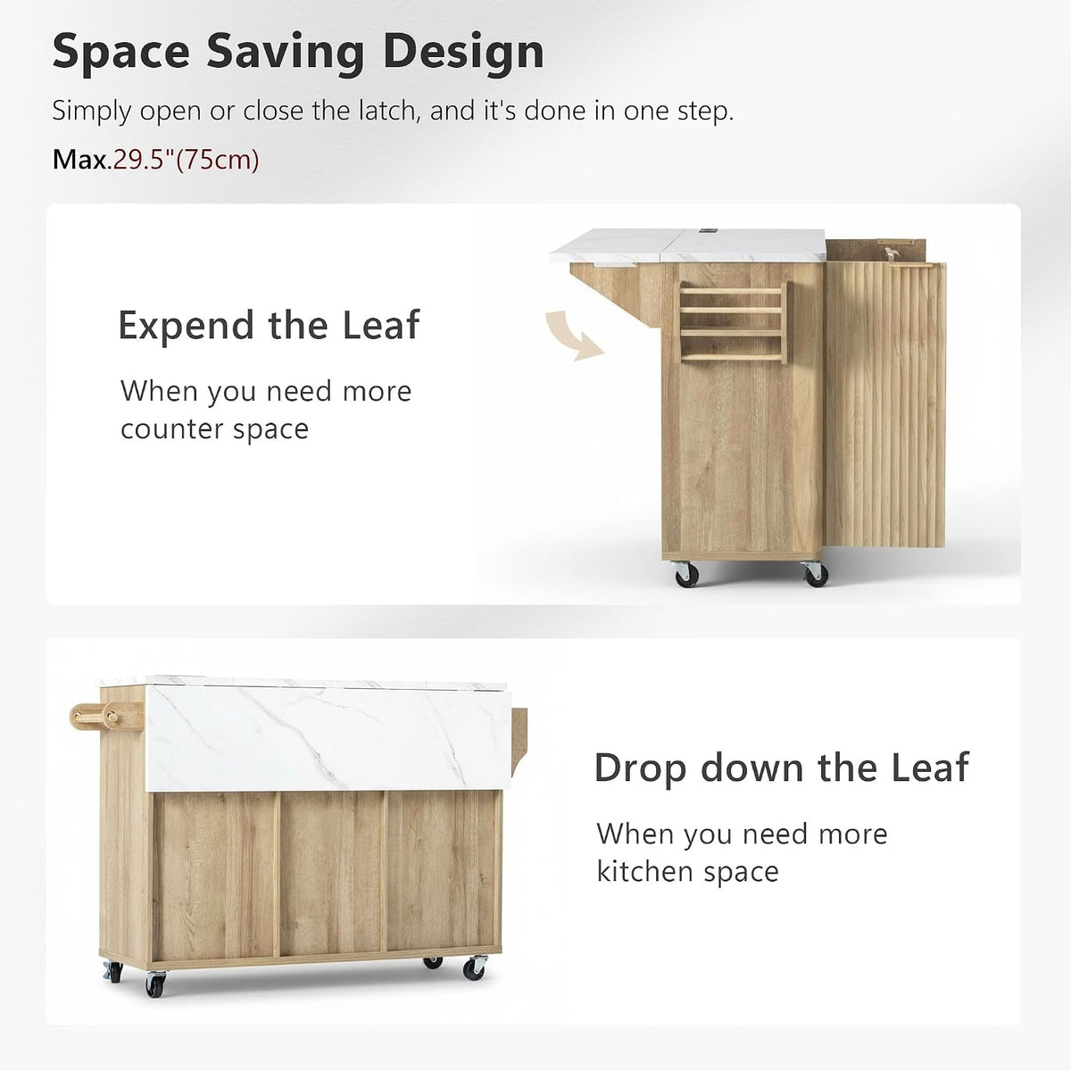 Large Fluted Kitchen Island Cart on Wheels with Storage, Natural