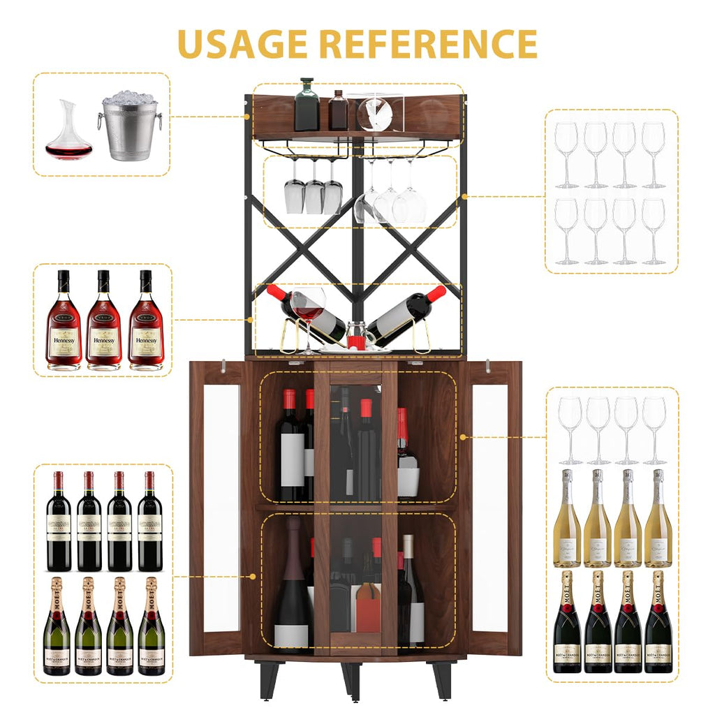 COCO DESIGN All Black Corner Wine Cabinet, Lockable Glass Door with Light