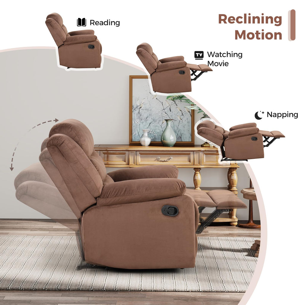 ANJ Manual Recliner Chair for Adults, Velvet Reclining Chair with Padded Arms and Overstuffed Backrest, Single Recliner Sofa for Living Room, Dark Brown