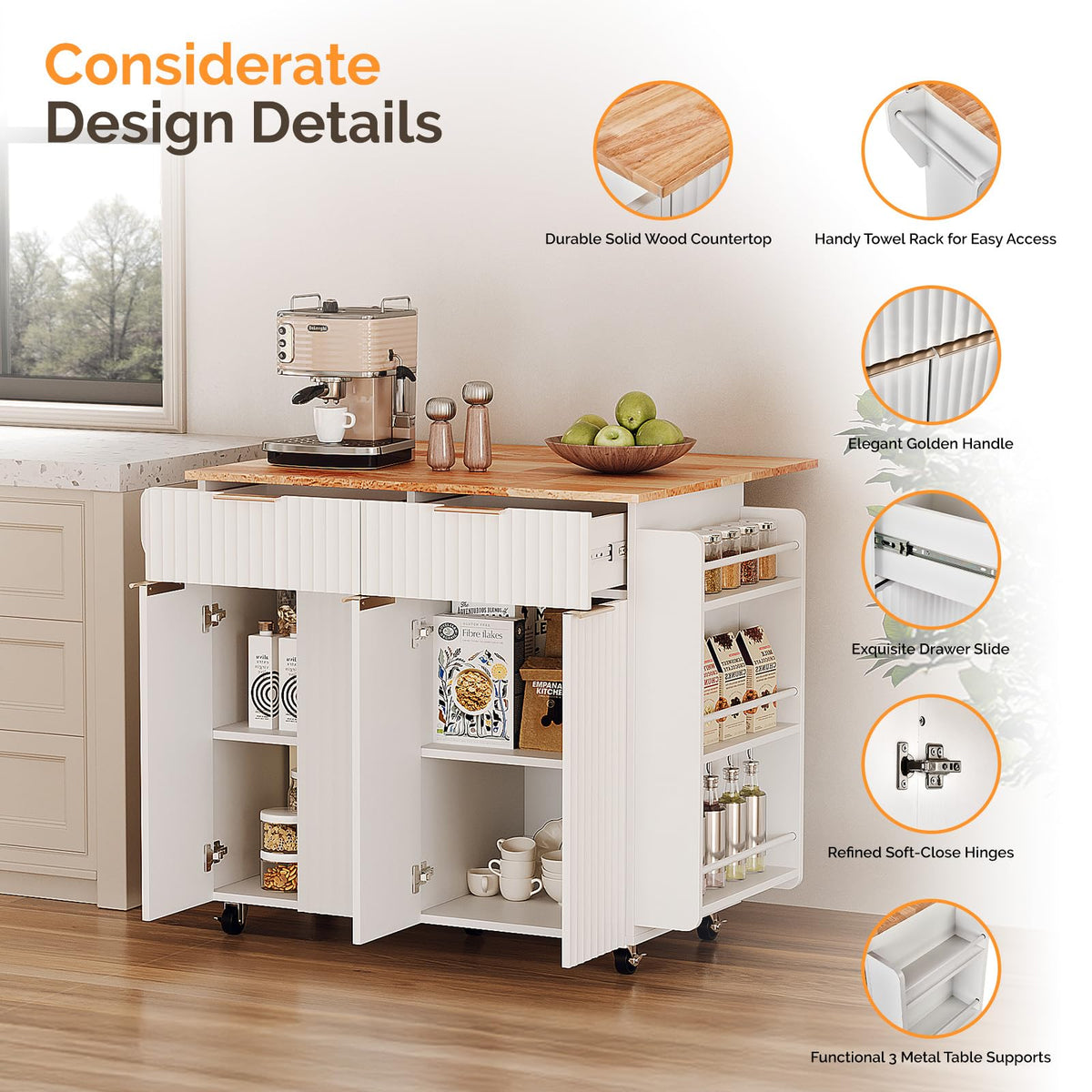 VINGLI Fluted Kitchen Island Cart with Drop-Leaf, 3 Drawers, White