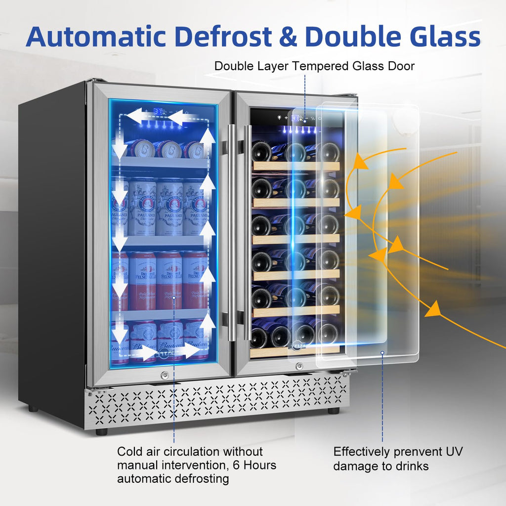 Tylza Wine Fridge 15'', 30 Bottles Wine Cooler Refrigerator, Undercounter or Freestanding, Removable Shelves, 40-65Â°F, Wine Cabinet with Double Glass Door, Wine Cooler for Home, Kitchen, Bar