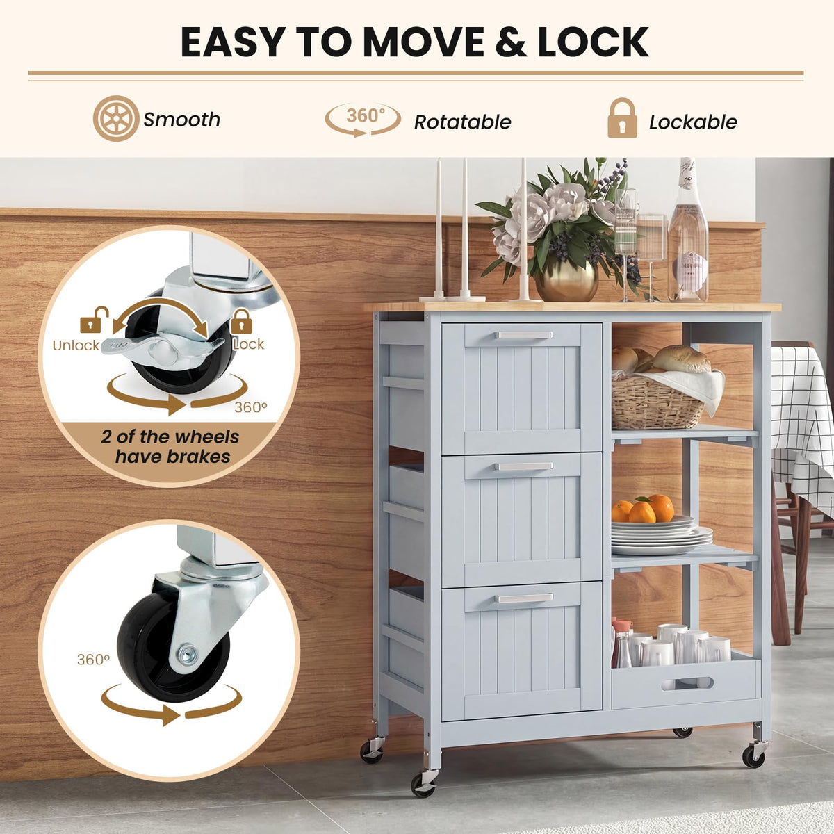 GIANTEX Kitchen Island Cart on Wheels, Rolling Utility Cart w/Rubber Wood Top, 3 Storage Drawers & 2 Removable Shelves & Removable Tray, Lockable Casters, Serving Cart for Dining Room, Bar, White