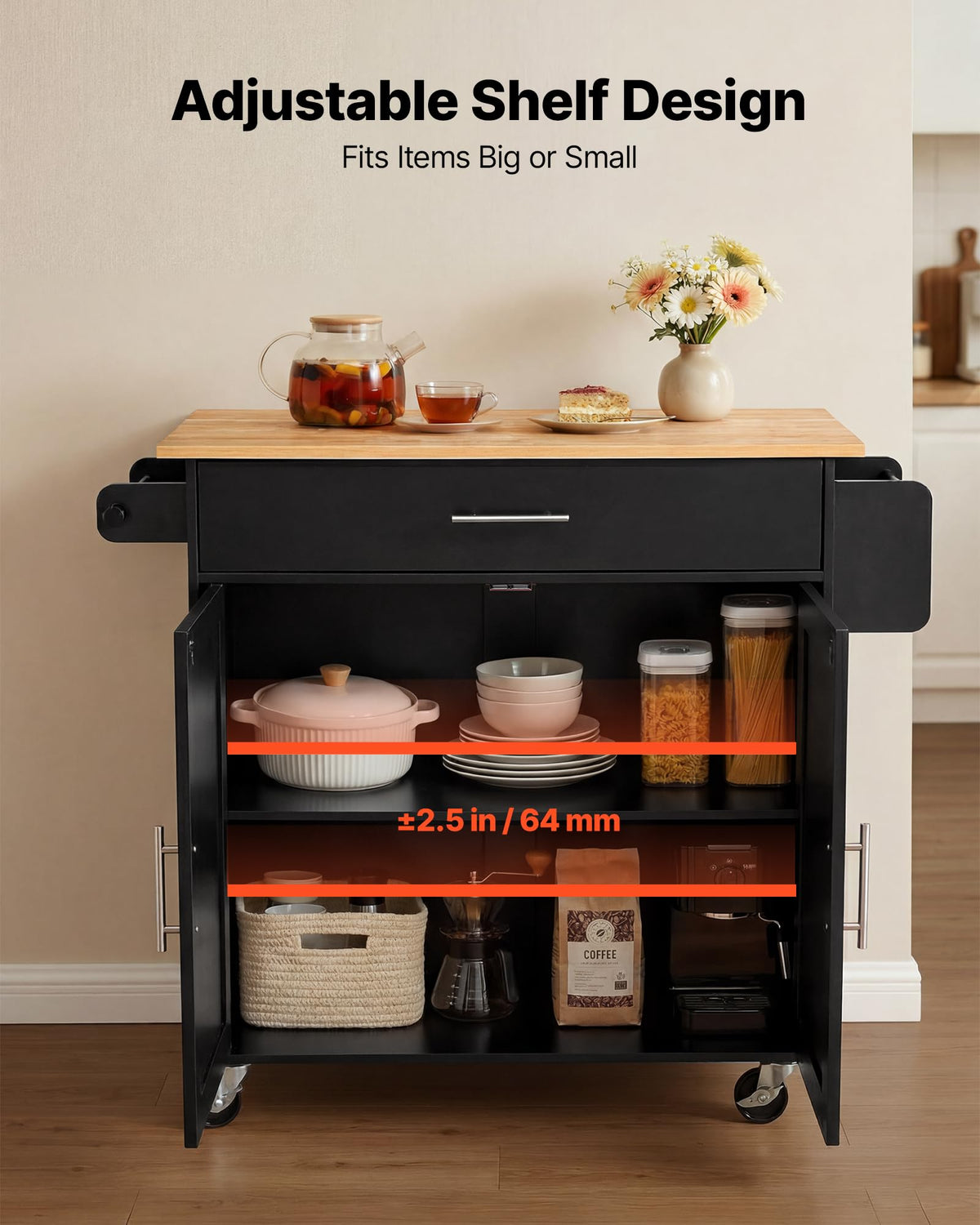 VEVOR Kitchen Island Cart with Storage, 42.28 in Wide Mobile Rolling Storage Island on Swivel Wheels, with Drawer, Storage Cabinet, Drop Leaf, Spice Rack, Table for Home Dining Room, White