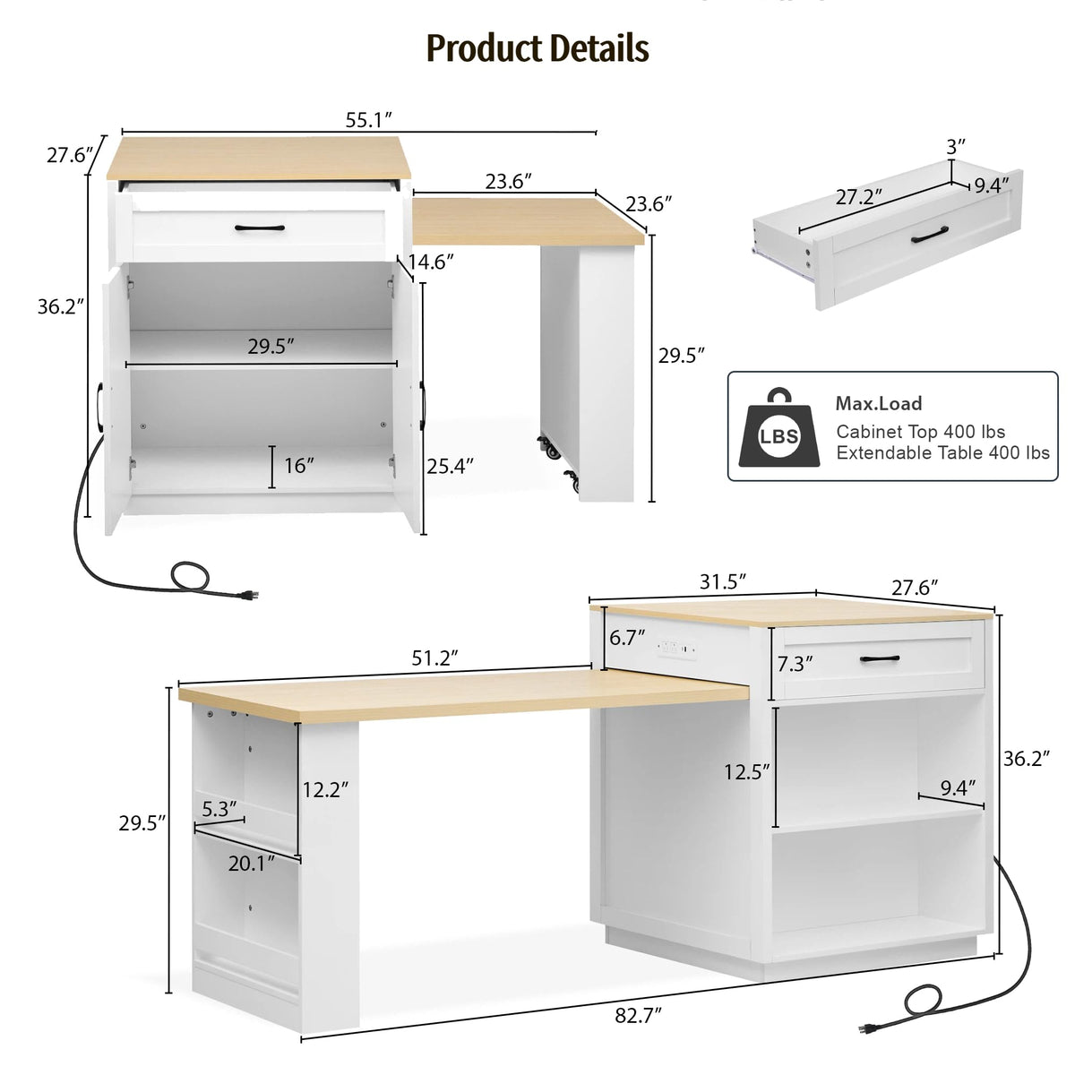 82.7" Kitchen Island Table with Seating & Extendable Dining Table