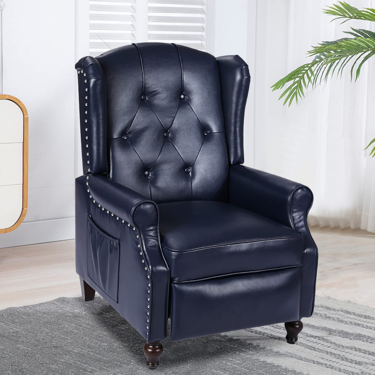 Wingback Recliner Chair - Tufted Arm Chair Recliner - Fabric Push Back Single Sofa for Living Room Adjustable Backrest (Blue Floral)