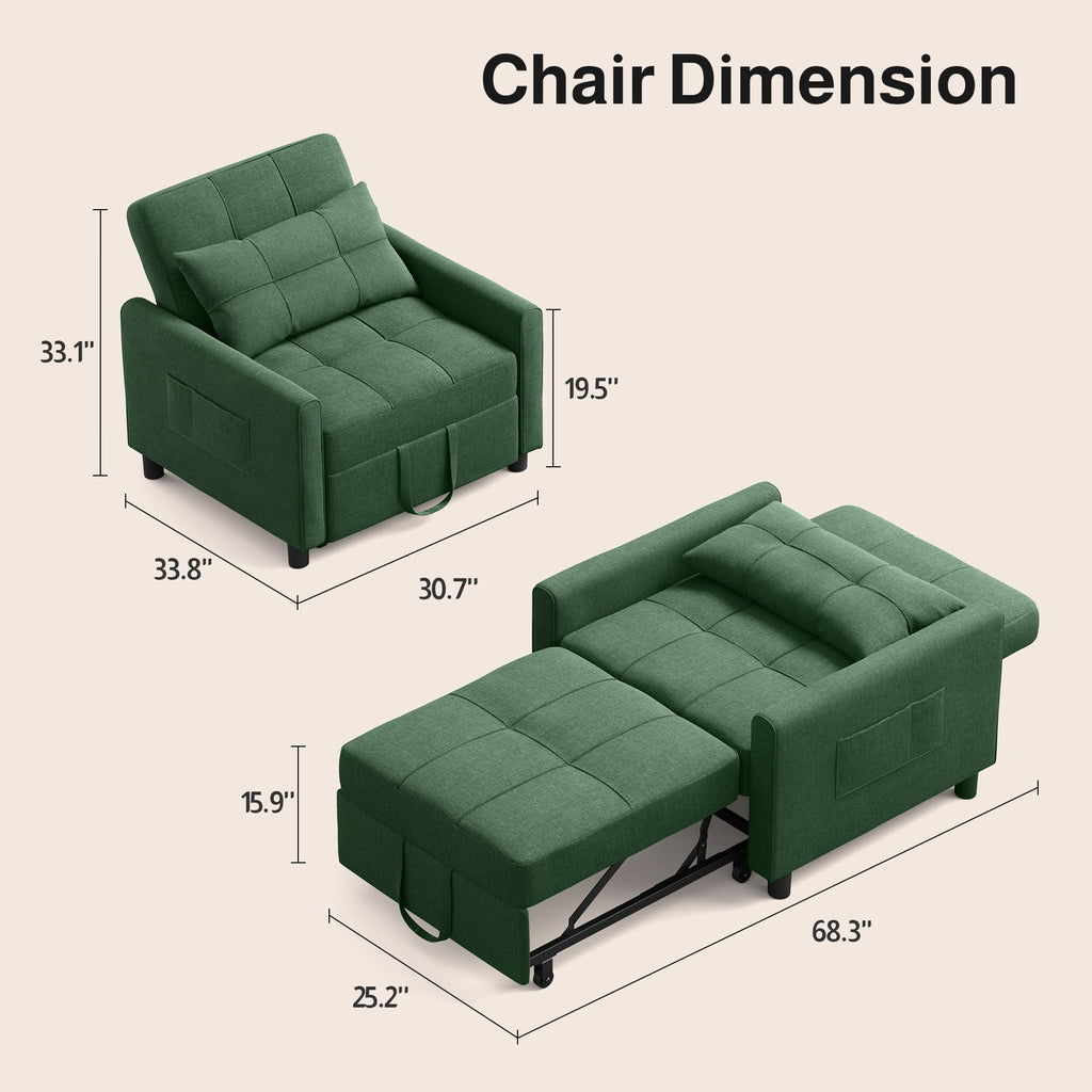 Ahomly Convertible Sofa Chair Bed, 3-in-1 Linen Pull Out Chair, Dark Gray