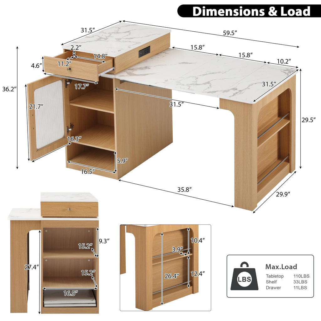 83" Extendable Kitchen Island with Drop Leaf Dining Table, Natural