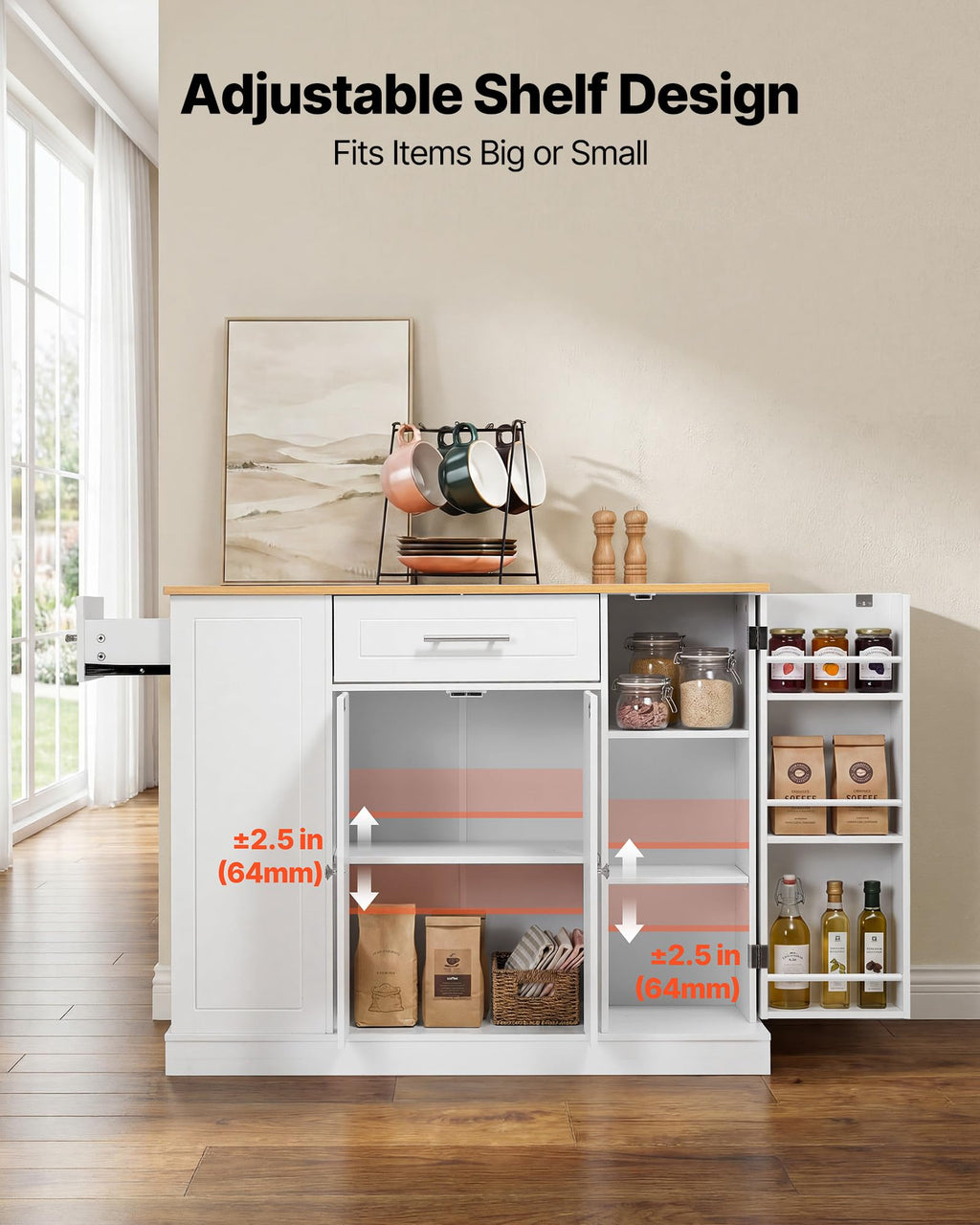 VEVOR Kitchen Island Cart with Storage, 47.64 in Wide Mobile Rolling Storage Island on Swivel Wheels, with 2 Drawers, Storage Cabinet, Drop Leaf, Towel Rack, Table for Home Dining Room, White