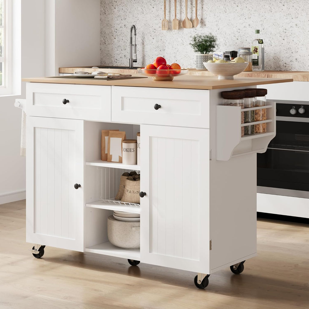 Furnify Kitchen Island with Wheels & Drawers, Kitchen Island Cart, White