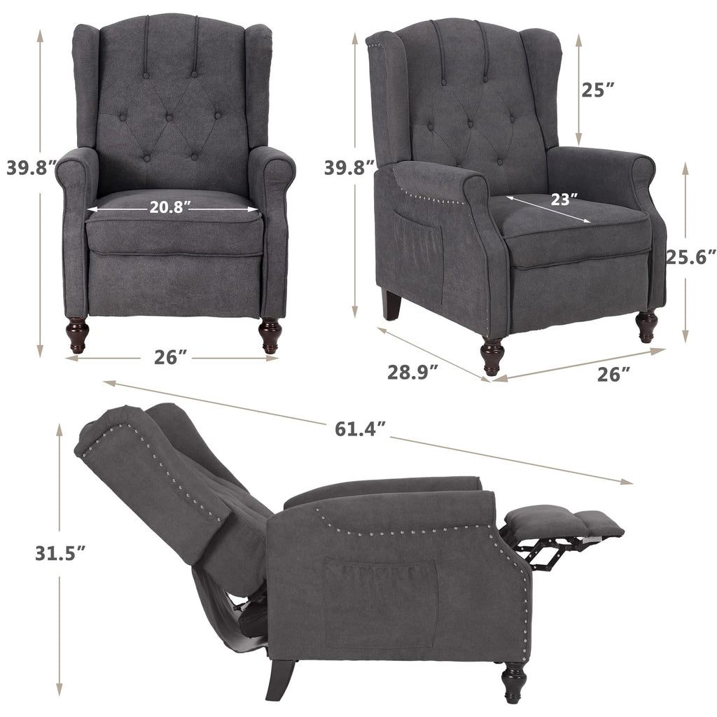 IPKIG Wingback Pushback Recliner Chair - Mid Century Recliner Armchair with Massage and Heat, Rivet Decoration, Button-Tufted Back, Solid Wood Legs for Living Room, Bedroom, Office(Beige)