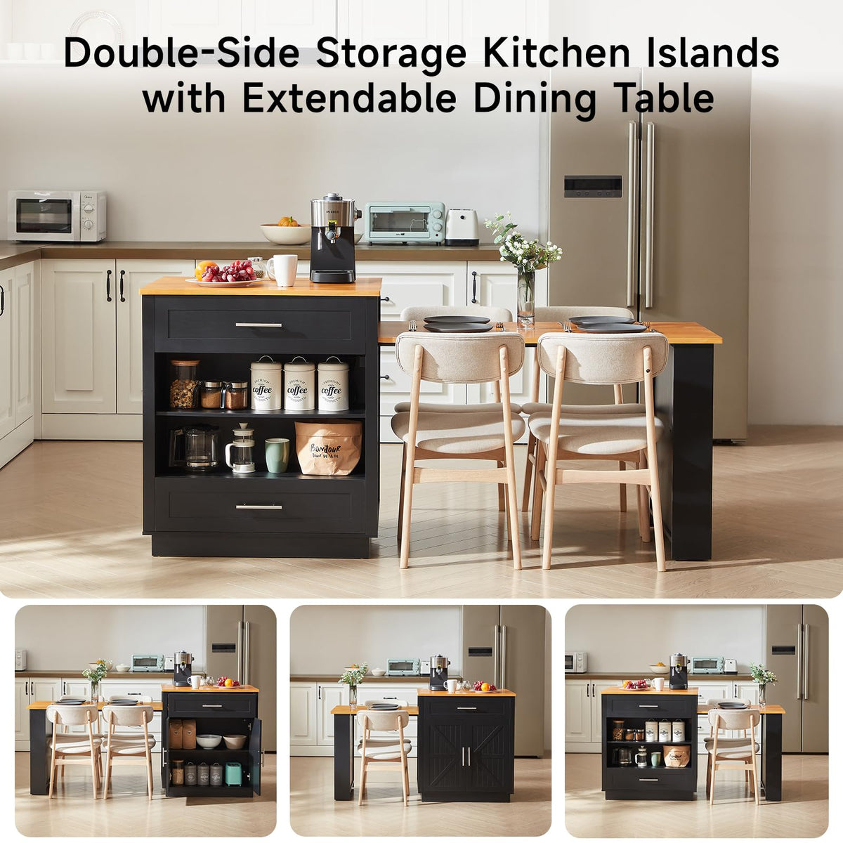 48"-76" Kitchen Islands with Extendable Dining Table, 2-4 People, White