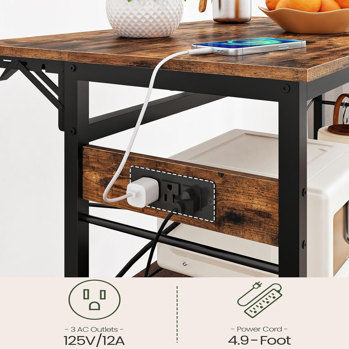 CHOEZON Kitchen Island with Power Outlet and Folding Top, Movable with 3-Tier Storage, Large Size, Wooden Shelves and Wine Rack, for Kitchen, Dining and Living Room, Rustic Brown and Black TZD02UBF