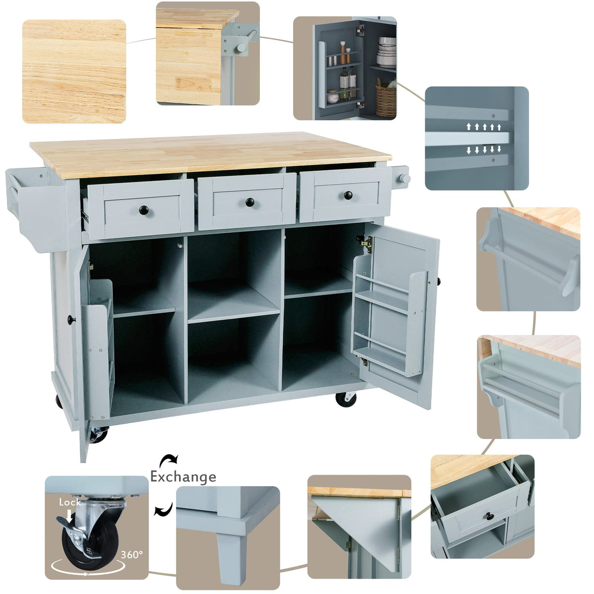 Ball & Cast Farmhouse Kitchen Island with Power Outlet,Dining Storage Island with Drop Leaf,Spice Rack and Drawer,Rolling Dining Cart on Wheels for Home,Kitchen,Dining Room,White,54"