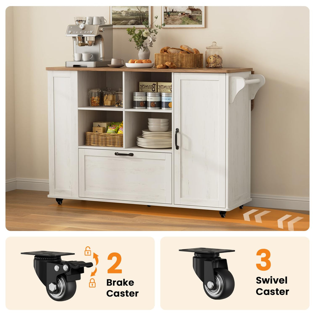 72" Rolling Kitchen Island with 360Â° Swivel Tabletop & Power Outlet,Mobile Kitchen Islands on Wheels with Storage,Farmhouse Wood Island Cart with Spice Rack,Rustic White