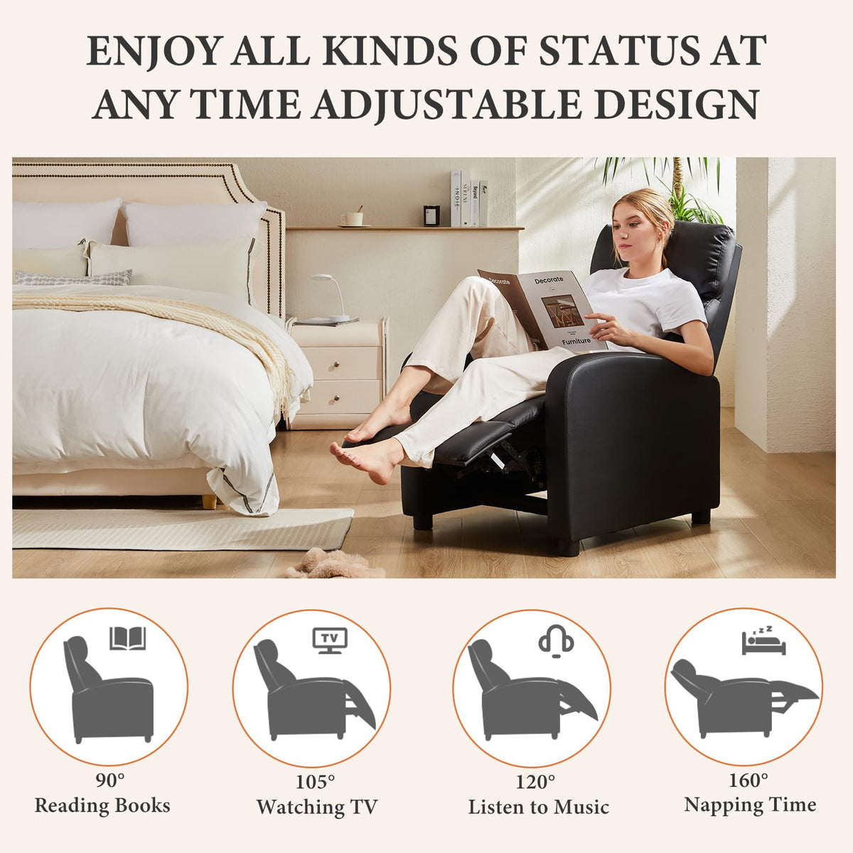 Sweetcrispy Massage Recliner Chair for Adults, Adjustable Home Theater Seating with Lumbar Support for Living Room, Modern Fabric Reclining for Small Space, Grey