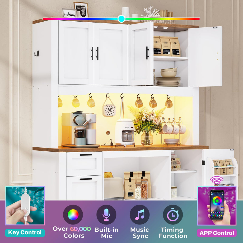Itaar 71" Kitchen Pantry Cabinet with Charging Station and Led Light, Kitchen Storage Cabinets with Microwave Stand, 59" Wide Pantry Storage Cabinet with Storage Cart 3 Tier for Dining Room, White
