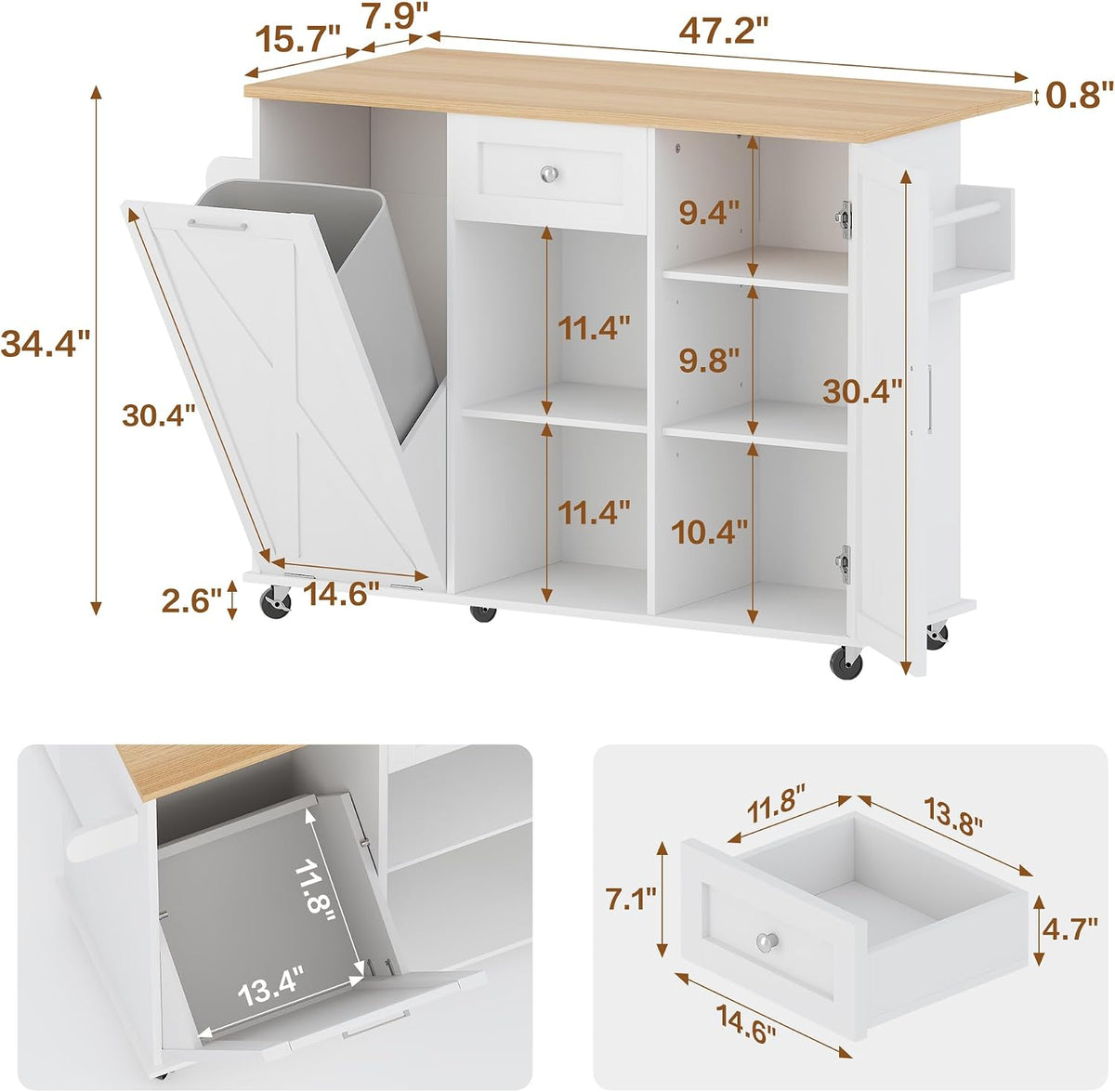 48" Modern Rolling Kitchen Island with Drop Leaf & Trash Can Storage, Mobile Island Table for Kitchen
