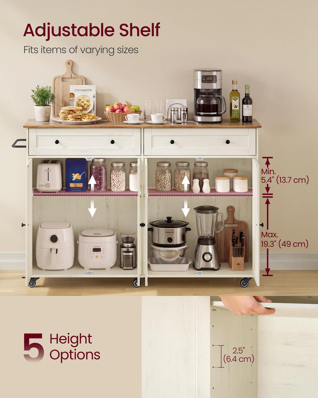 VASAGLE Mobile Kitchen Wooden Island Cart with Storage for Dining Room