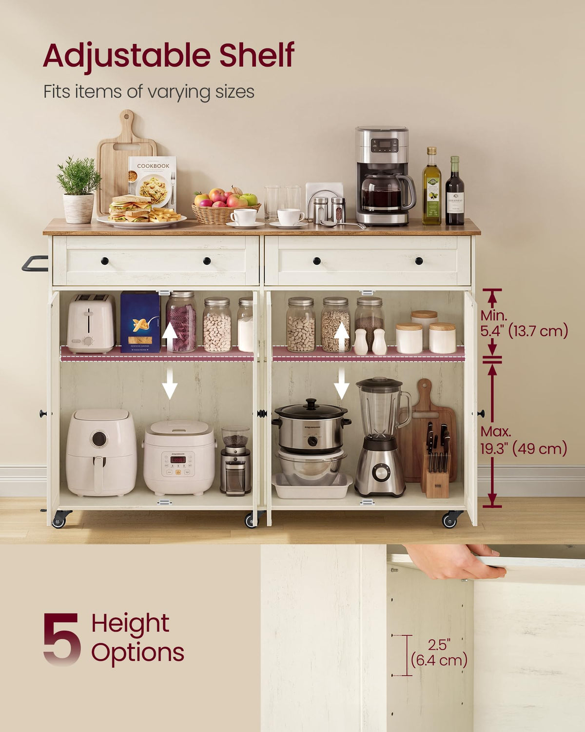 VASAGLE Mobile Kitchen Wooden Island Cart with Storage for Dining Room