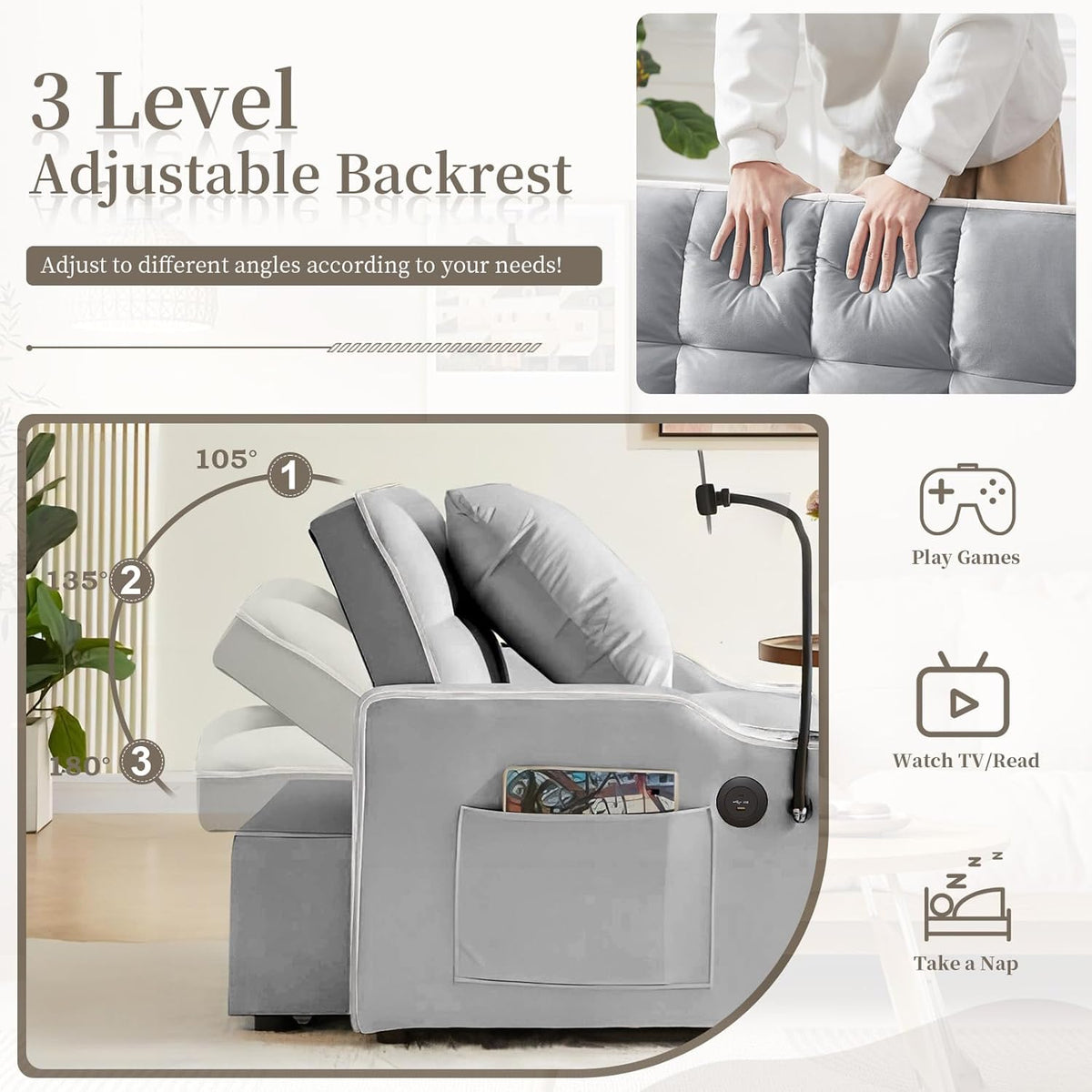 Convertible Single Sleeper Chair Bed,3 in 1 Velvet Futon Sleeper Sofa Bed with Phone Holder&USB Ports,Pull Out Couch Bed,Adjustable Recliner Armchair bed for Living Room,Office,Small Places(Grey)