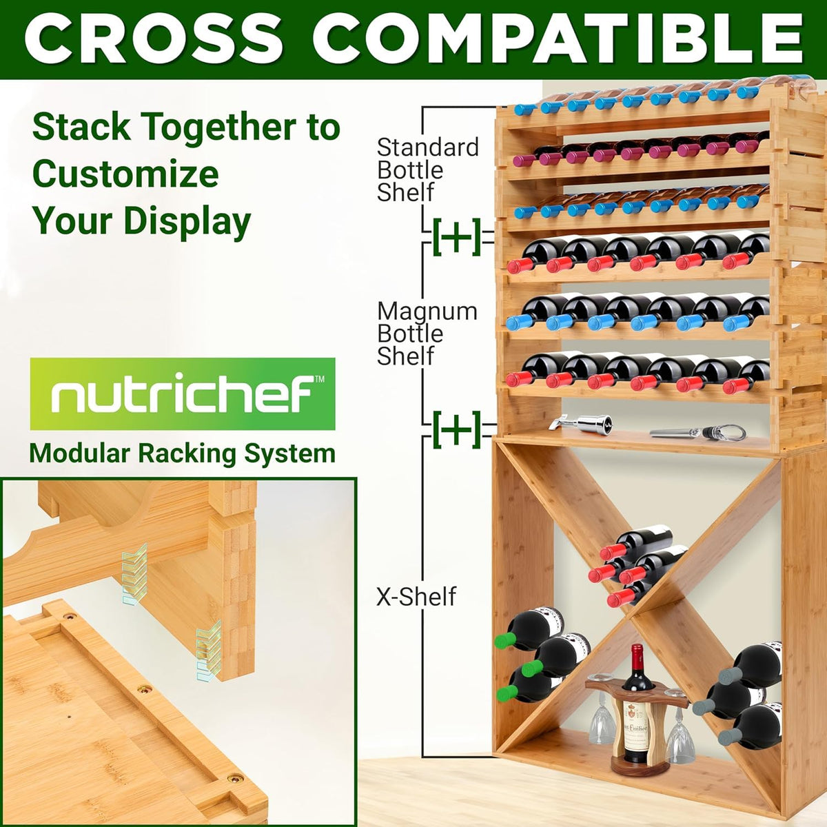NutriChef 108 Bottle Stackable Modular Wine Rack, Upgraded 1â Thick Sideboard, .5â Rack Sticks, Sturdy Wobble Free Natural Bamboo Construction, Protective Moisture Resistant Finish, 33.5" x 10" x 63"