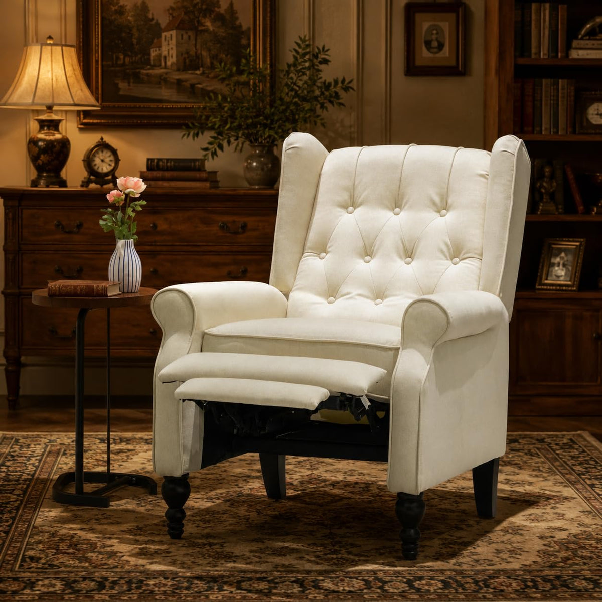 Mid Century Wingback Recliner Chair for Adults, Modern Linen Fabric Push Back Recliner Chairs with Button Tufted Upholstered Back & Footrest, Manual Recliner Chais for Living Room, Nursery, Gray