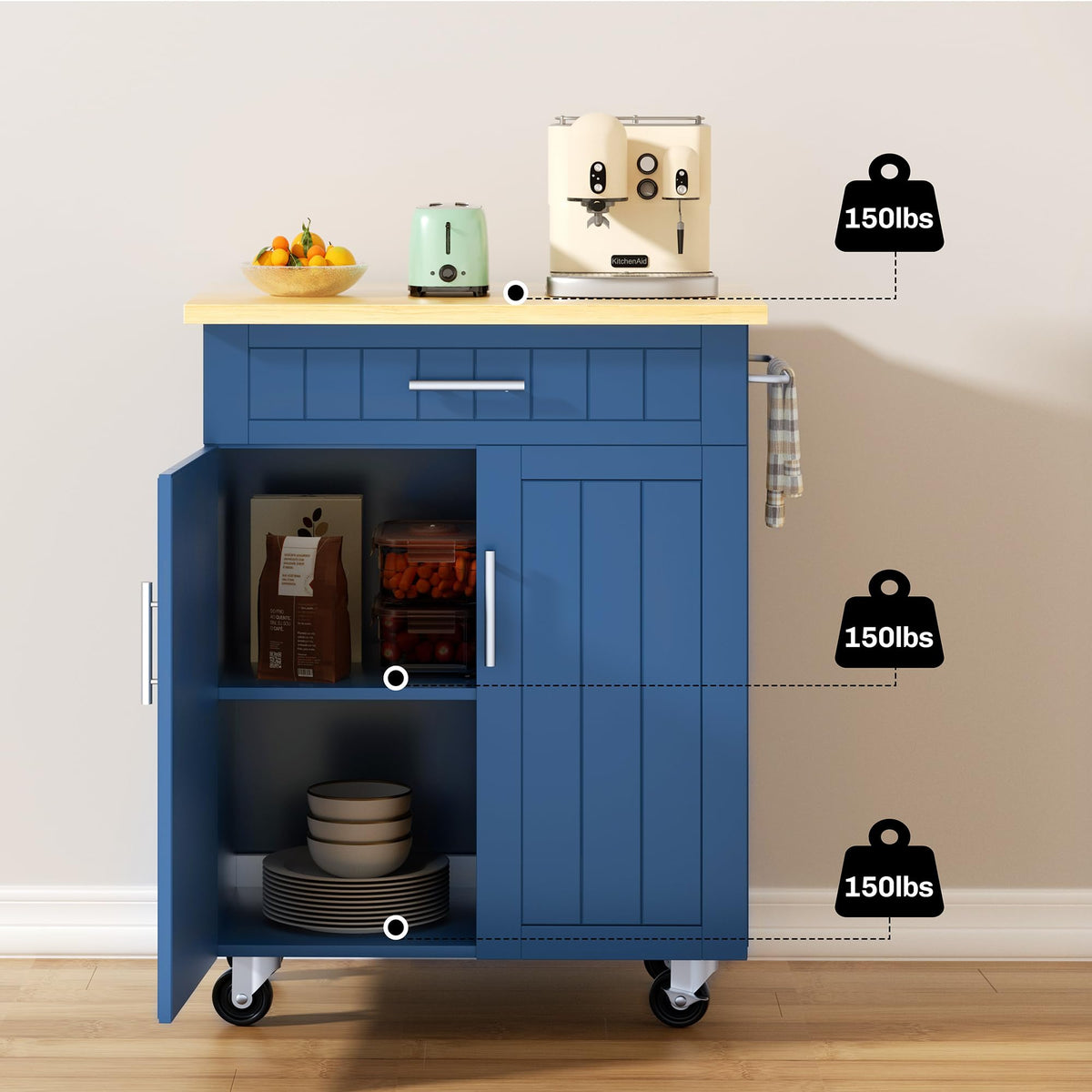 SUNLEI Kitchen Island Cart on Wheels with Storage Cabinet & Drawer, 26" Width Rolling Kitchen Table, Cart Handle for Towel Rack or Free Mobility, Kitchen Cart, Dining Room(Black)