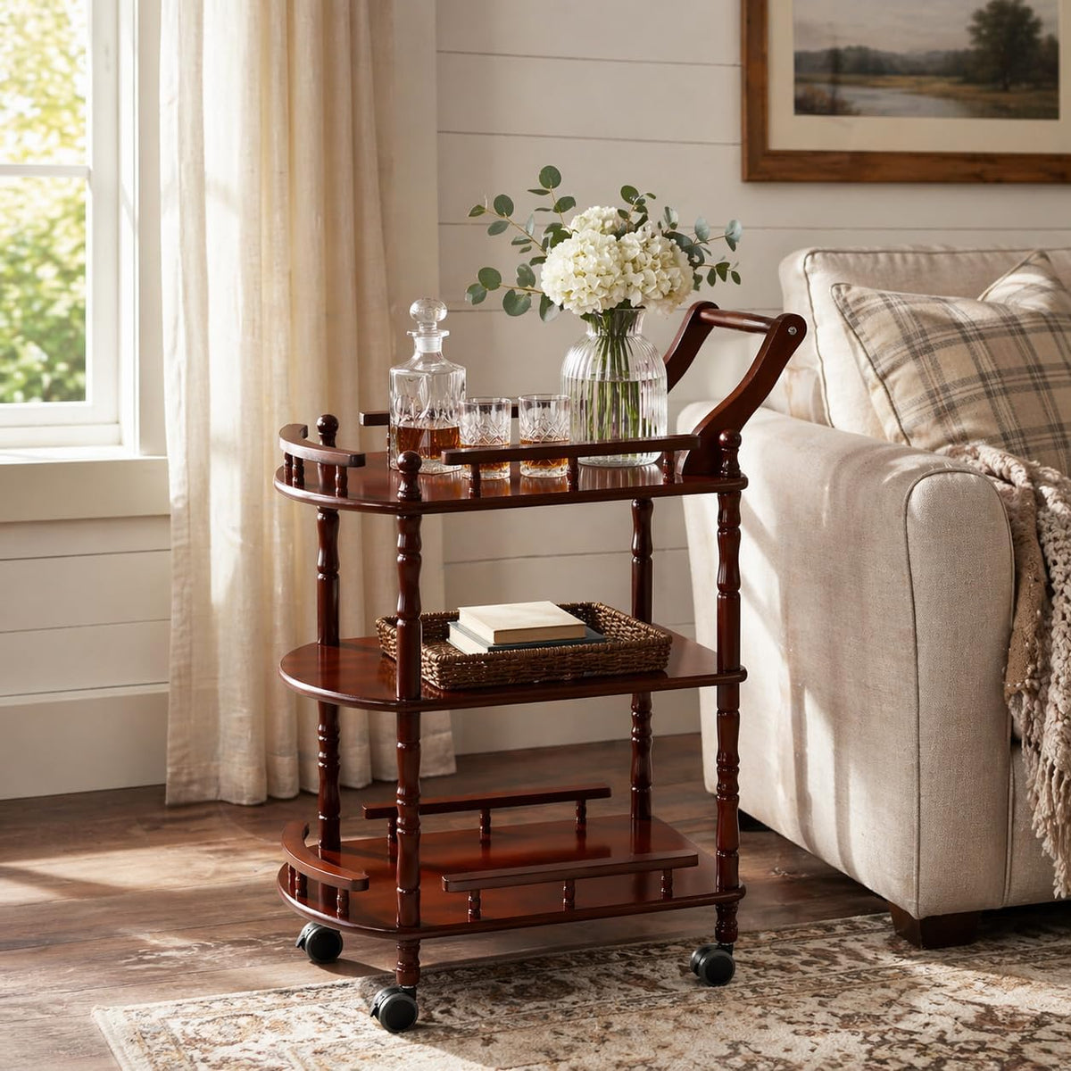 Entertainment Kitchen Cart, Midcentury Modern Imported rubberwood Brown Finished Wood 3-Tier Mobile Bar Cart Serving Cart