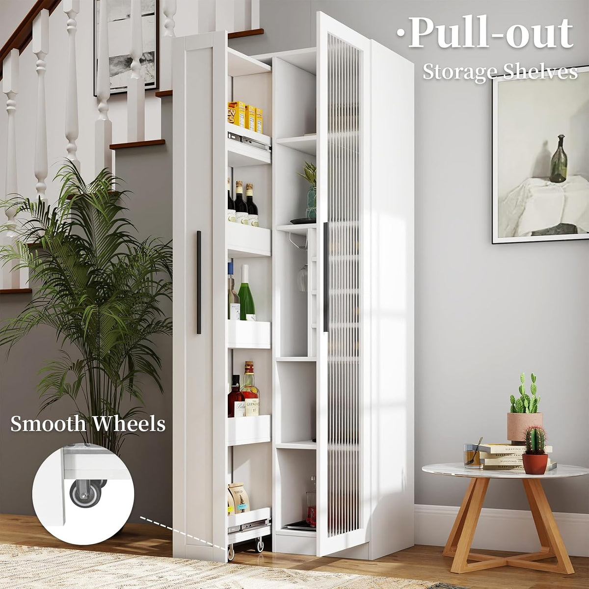JOYSOURCE Kitchen Hutch Cabinet with 5-Tier Pull-Out Storage Shelves Tall Kitchen Pantry Wine Cabinet Slim Liquor Cabinet with Reeded Glass Door Bottle Dividers & Stemware Rack White
