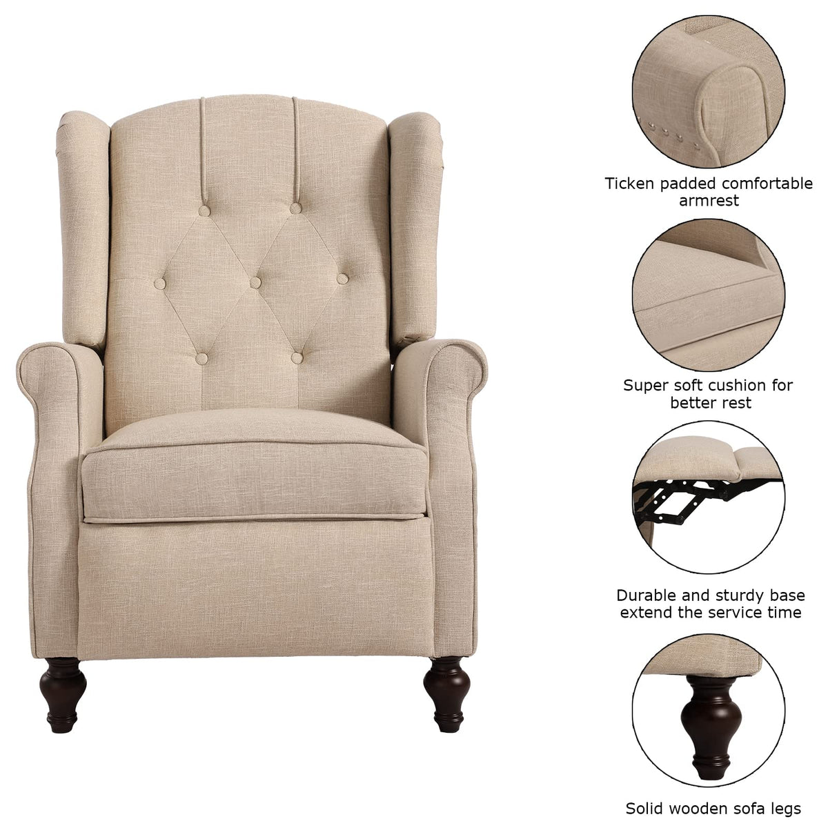 Wingback Recliner Chair - Tufted Arm Chair Recliner - Fabric Push Back Single Sofa for Living Room Adjustable Backrest (Blue Floral)