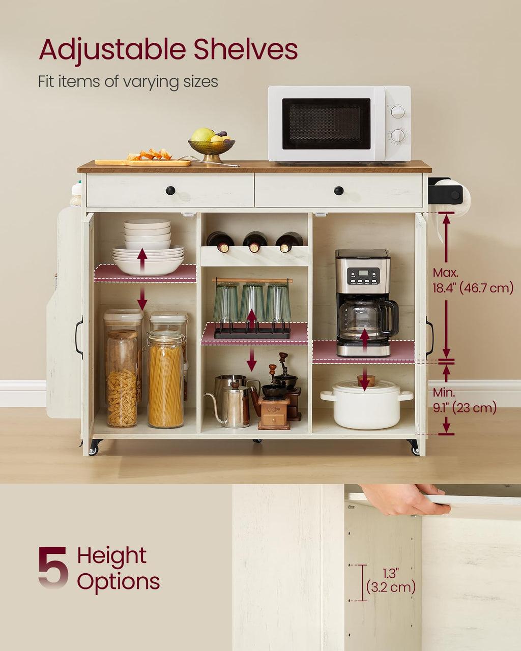 VASAGLE Mobile Kitchen Island with 2 Doors, 2 Drawers