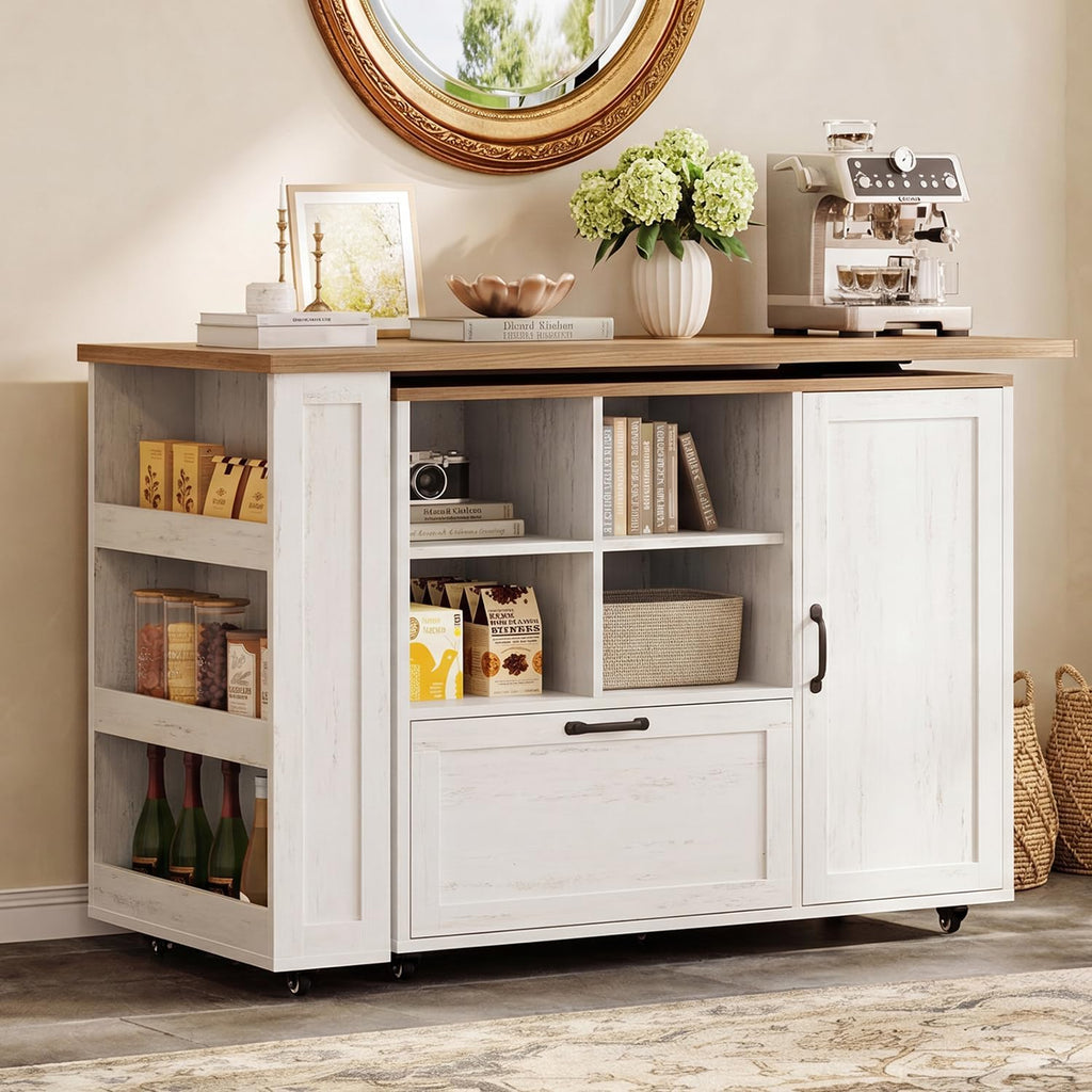 72" Rolling Kitchen Island with 360Â° Swivel Tabletop & Power Outlet,Mobile Kitchen Islands on Wheels with Storage,Farmhouse Wood Island Cart with Spice Rack,Rustic White