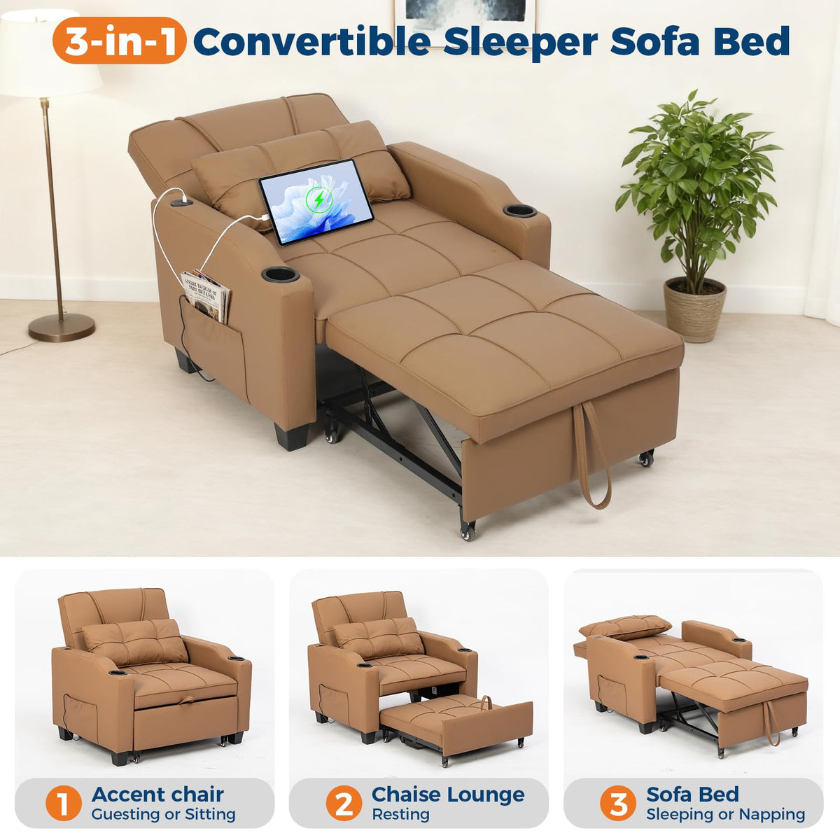 Sleeper Chair Pull Out Bed, 4 in 1 Convertible Sofa Chair Bed with Vibration Massage Lumbar Pillow, Single Sofa Recliner with USB/Type-C Port, Cup Holders and Side Pocket for Small Spaces (Black)