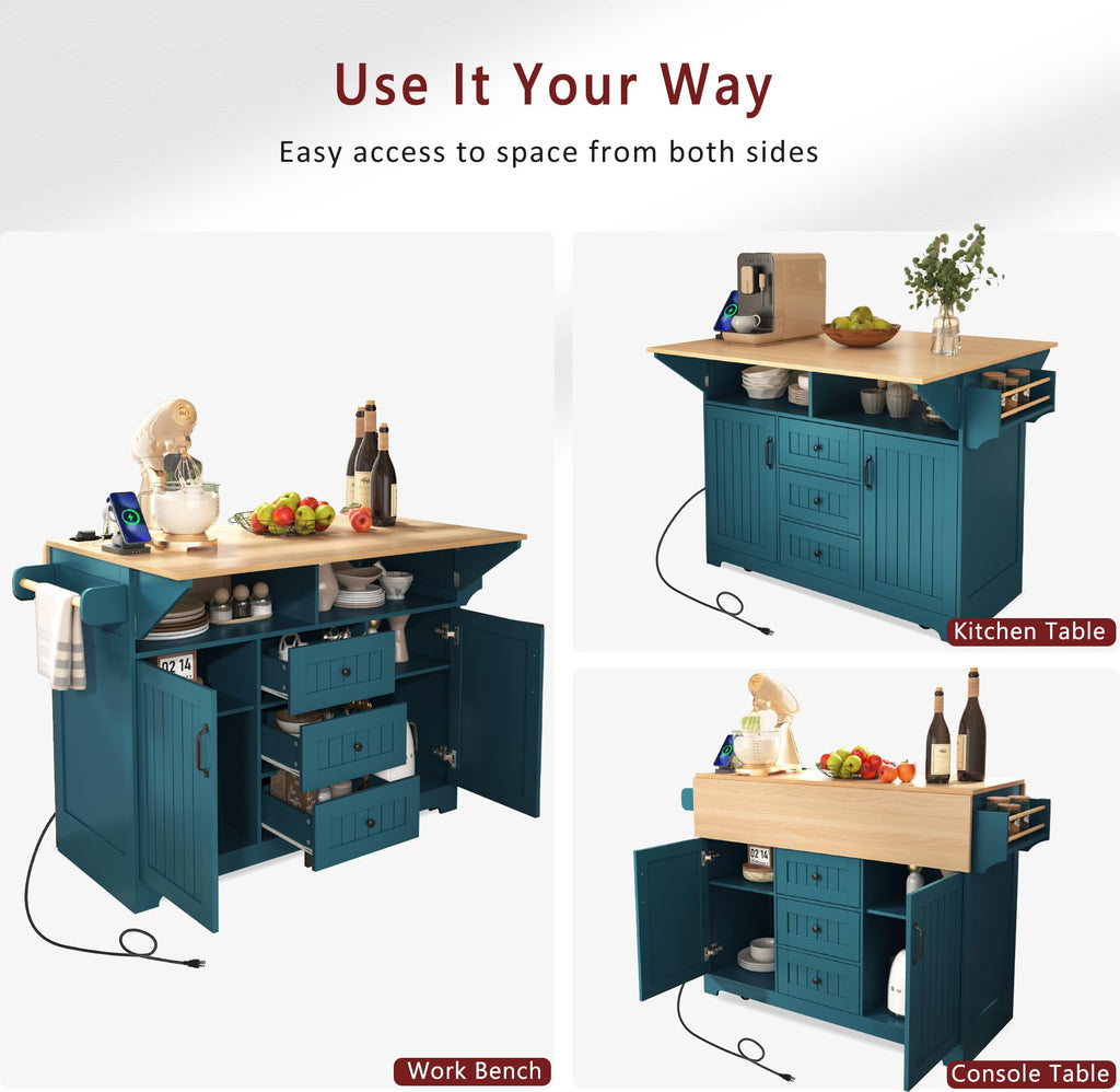 GDFStudio 55.7" Large Kitchen Island with 2 Drop Leaf,Rolling Kitchen Cart on 5 Wheels with Outlet, Folding Storage Dining Table with Spice & Towel Rack,3 Drawers,for Kitchen, Dining Room,White