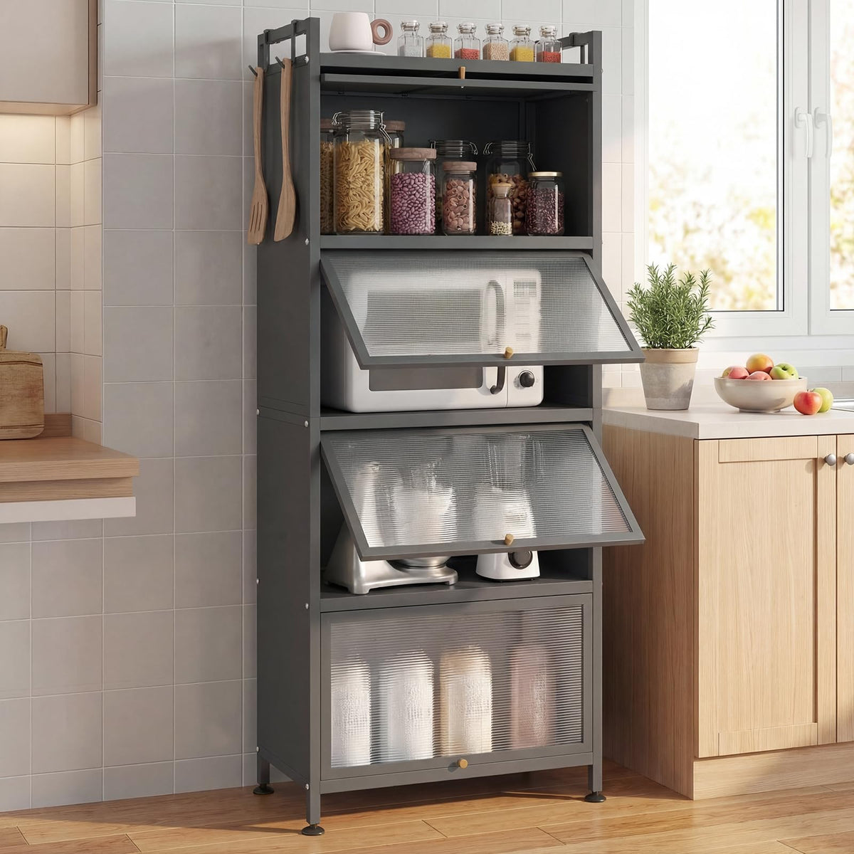 GIANTEX 5-Tier Kitchen Storage Cabinet, 4 PC Doors, Rolling Wheels, White